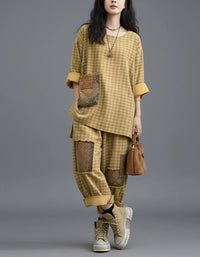 Vintage plaid top and harem pants matching set for women