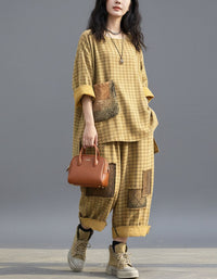 Women loose fit patchwork plaid outfit with rolled sleeves
