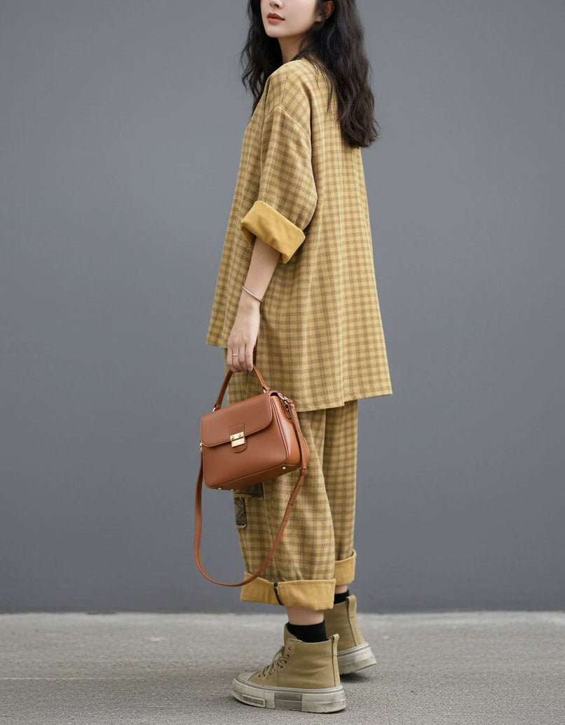 Patchwork detail on women plaid casual matching outfit