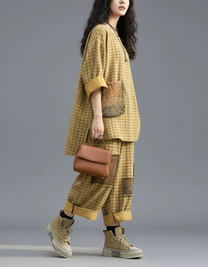 Boho plaid two piece clothing set women casual fashion