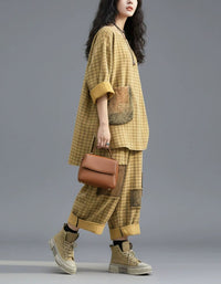 Boho plaid two piece clothing set women casual fashion