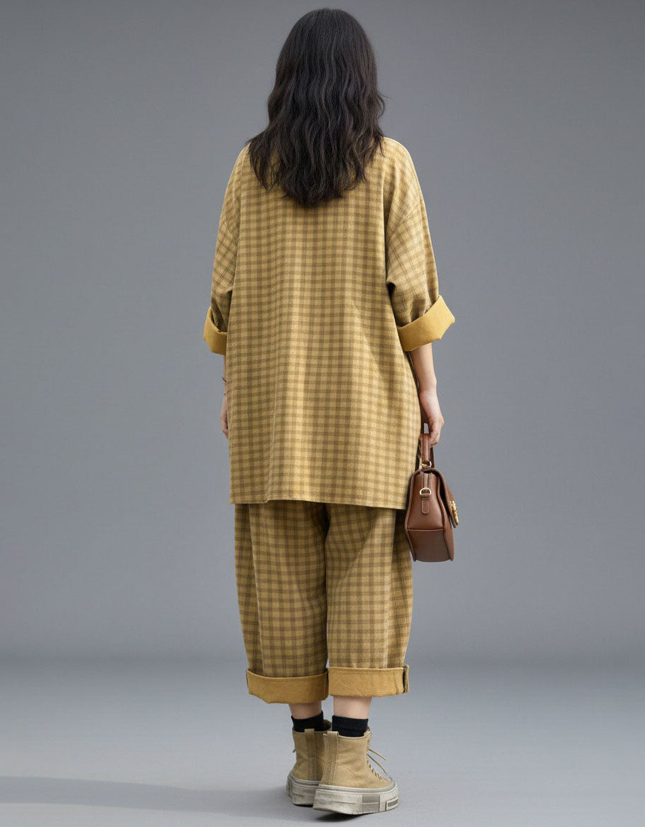 Women Oversized Plaid Patchwork Lounge Set Casual