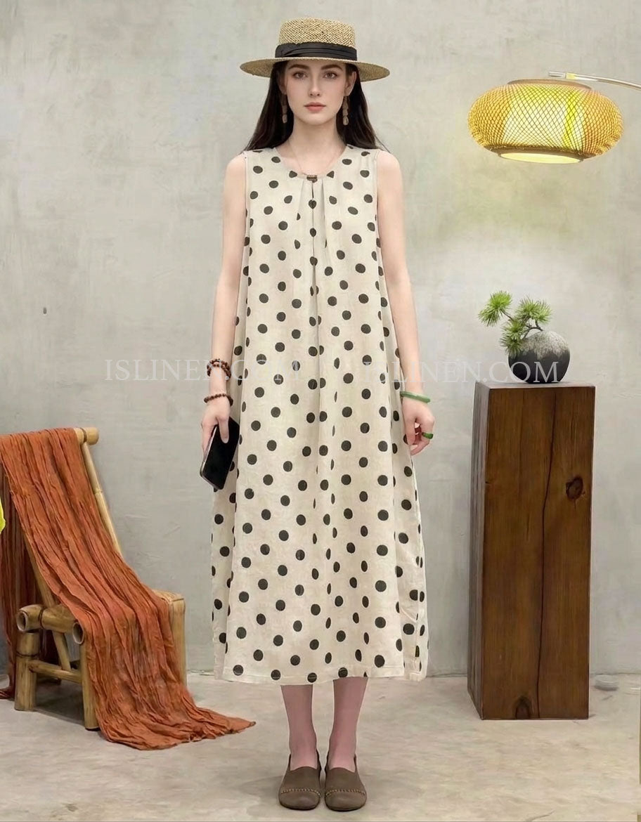 Polka dot linen midi dress sleeveless loose fit front view