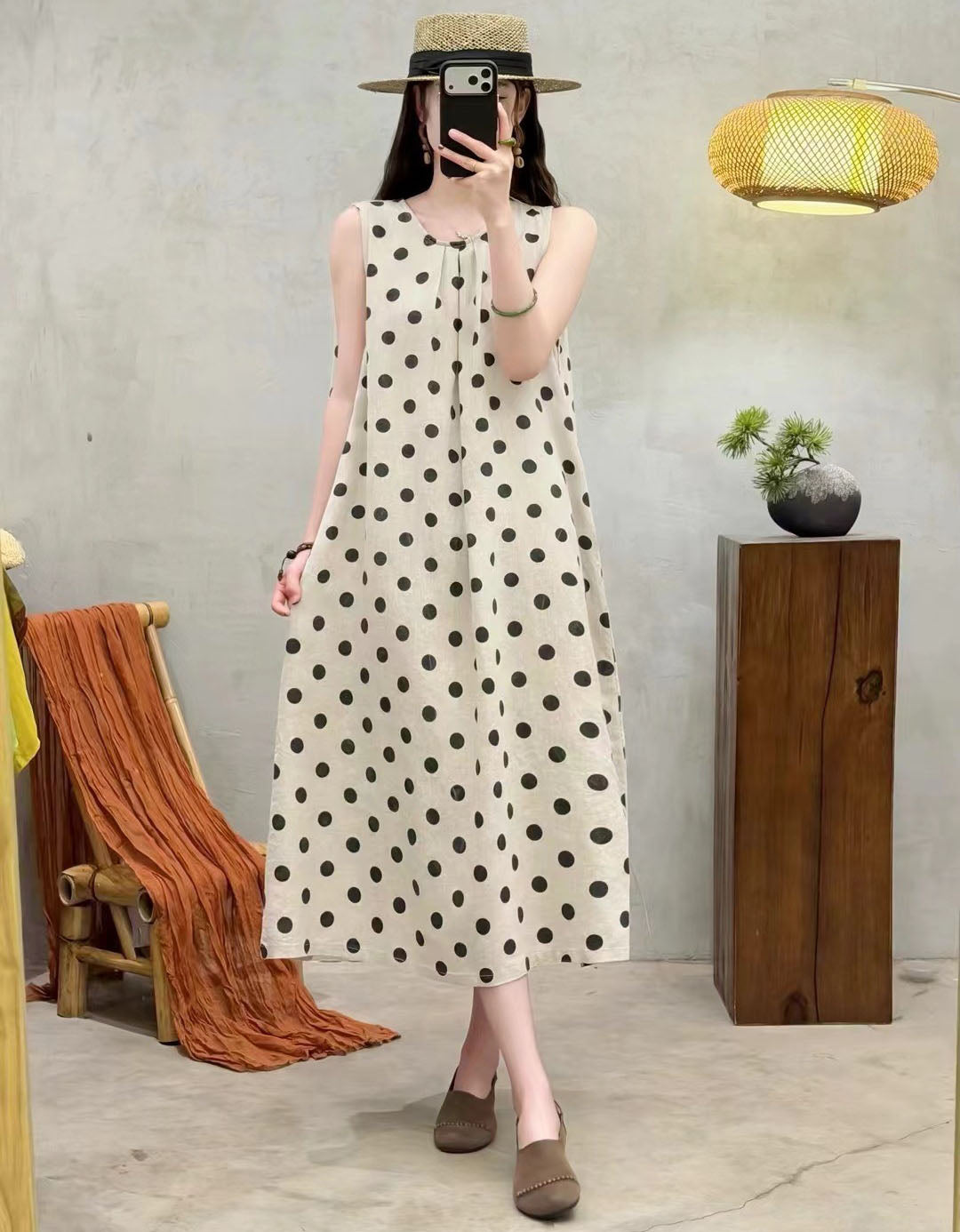 Casual women polka dot summer dress breathable linen fabric