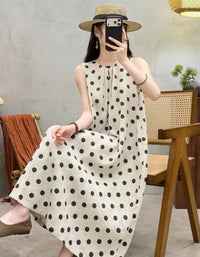 Women casual linen dress polka dots full body view