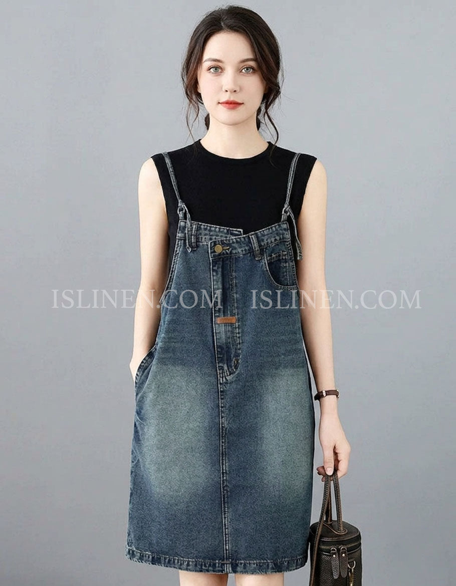 Women Vintage Denim Overall Midi Dress Casual Sleeveless