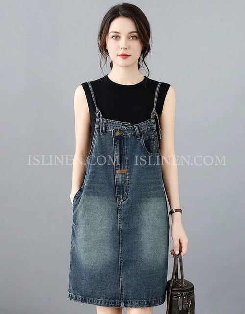 Women Vintage Denim Overall Midi Dress Casual Sleeveless