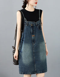 Sleeveless Denim Overall Dress Women Vintage Casual Style