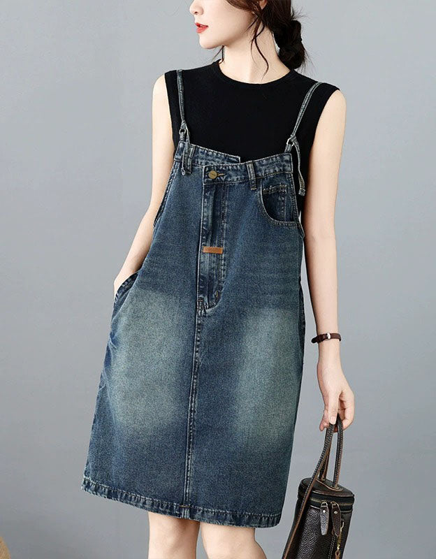 Women Casual Denim Pinafore Midi Dress Vintage Loose Fit