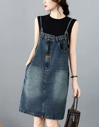 Women Casual Denim Pinafore Midi Dress Vintage Loose Fit