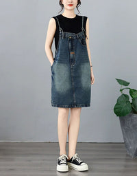Vintage Washed Denim Overall Dress Women Midi Pockets