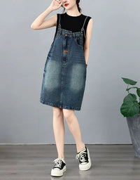 Women Relaxed Fit Denim Jumper Dress Sleeveless Midi