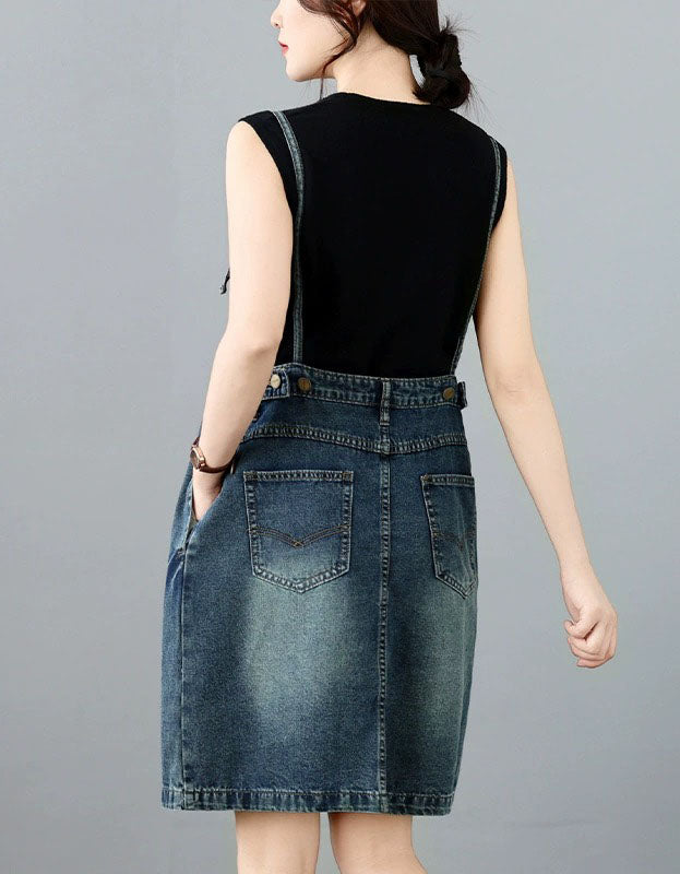 Casual Vintage Denim Overall Dress Adjustable Straps Women