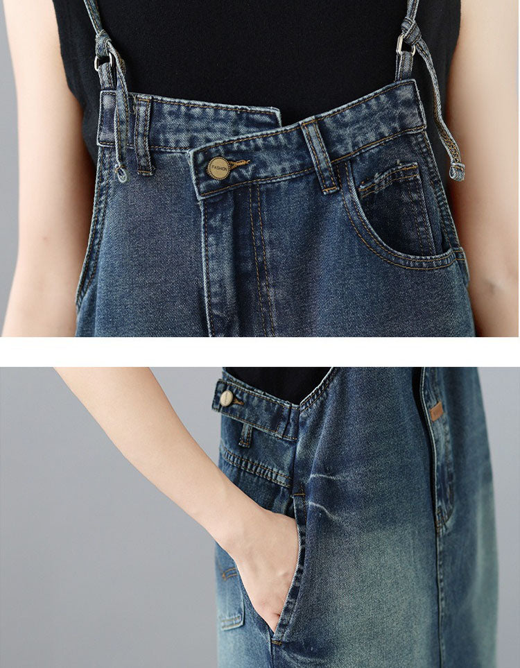 Women Loose Fit Denim Pinafore Dress Midi Length Casual