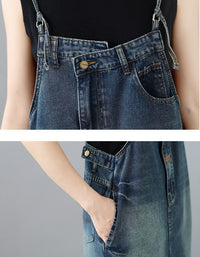 Women Loose Fit Denim Pinafore Dress Midi Length Casual