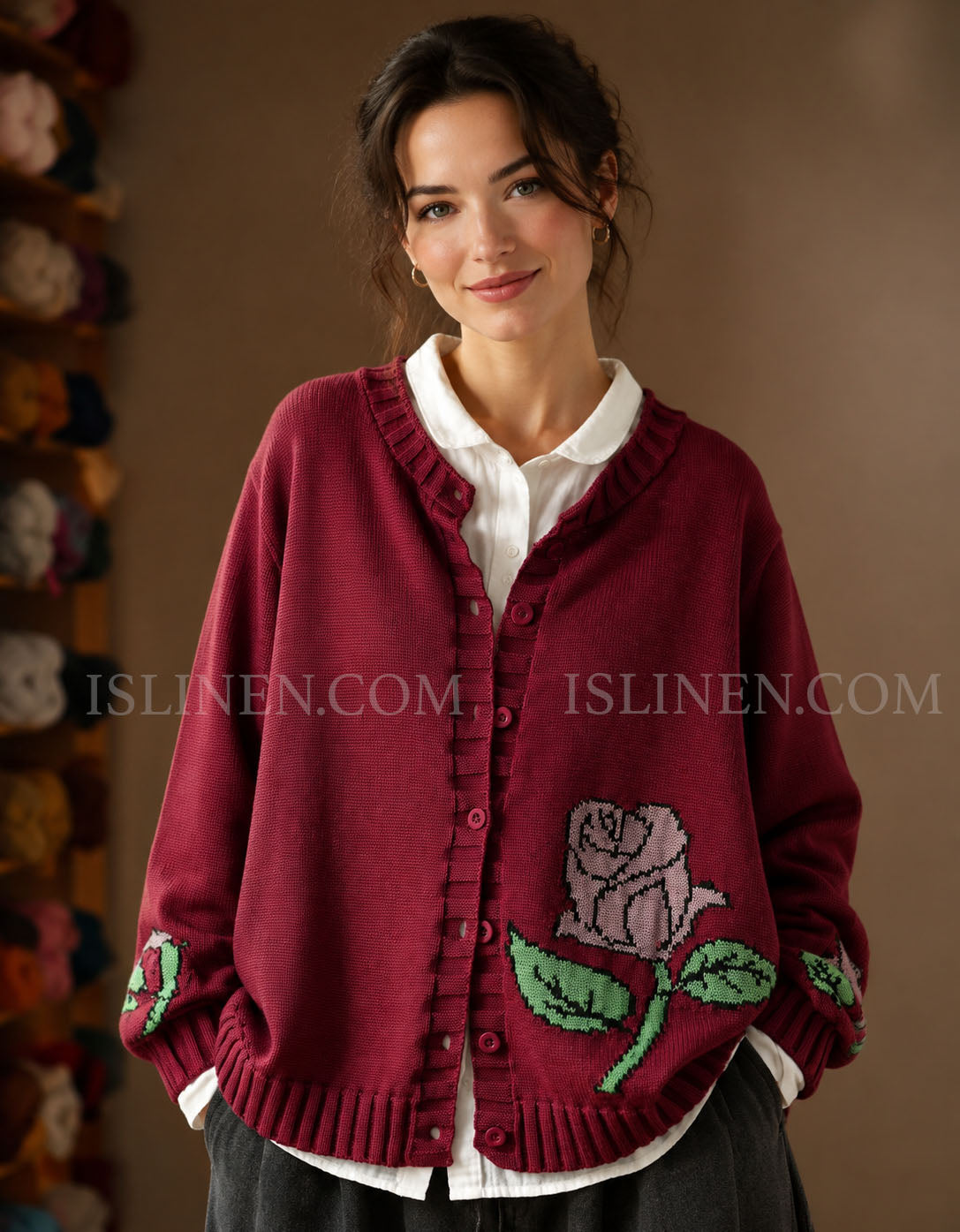Vintage Rose Embroidered Knit Cardigan Button Front