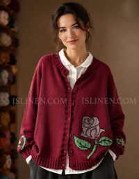 Vintage Rose Embroidered Knit Cardigan Button Front