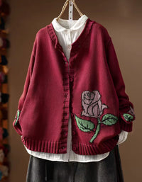 Women Vintage Floral Embroidery Loose Knit Cardigan