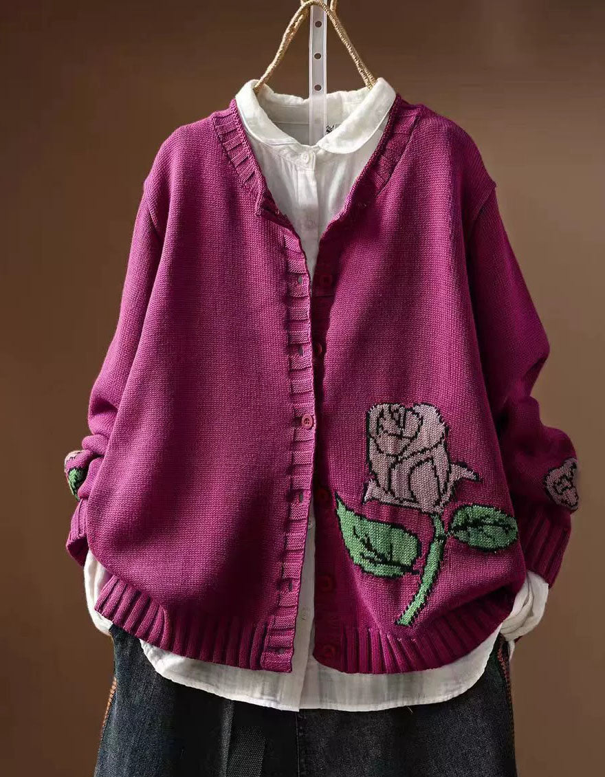 Cozy Rose Embroidered Cardigan Vintage Style Sweater