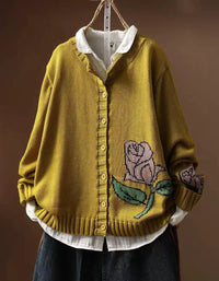 Retro Rose Pattern Knit Cardigan With Button Front