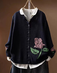 Women Casual Floral Knit Cardigan Retro Button Sweater