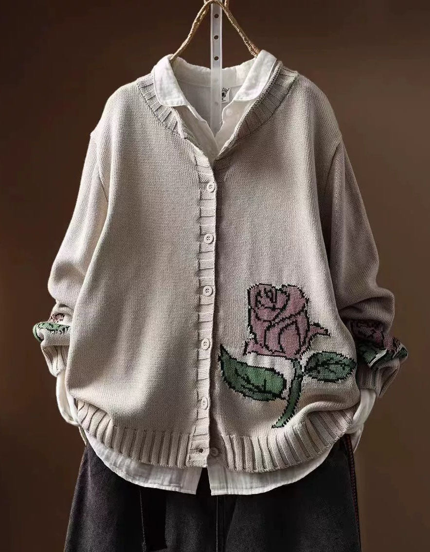Women Floral Rose Embroidered Button Knit Cardigan