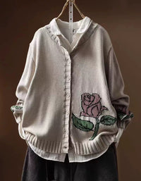Women Floral Rose Embroidered Button Knit Cardigan
