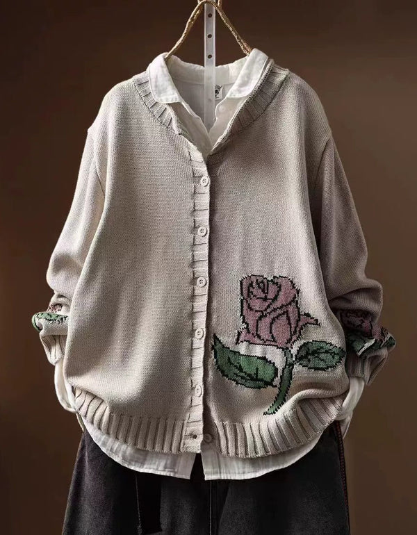 Women Floral Rose Embroidered Button Knit Cardigan