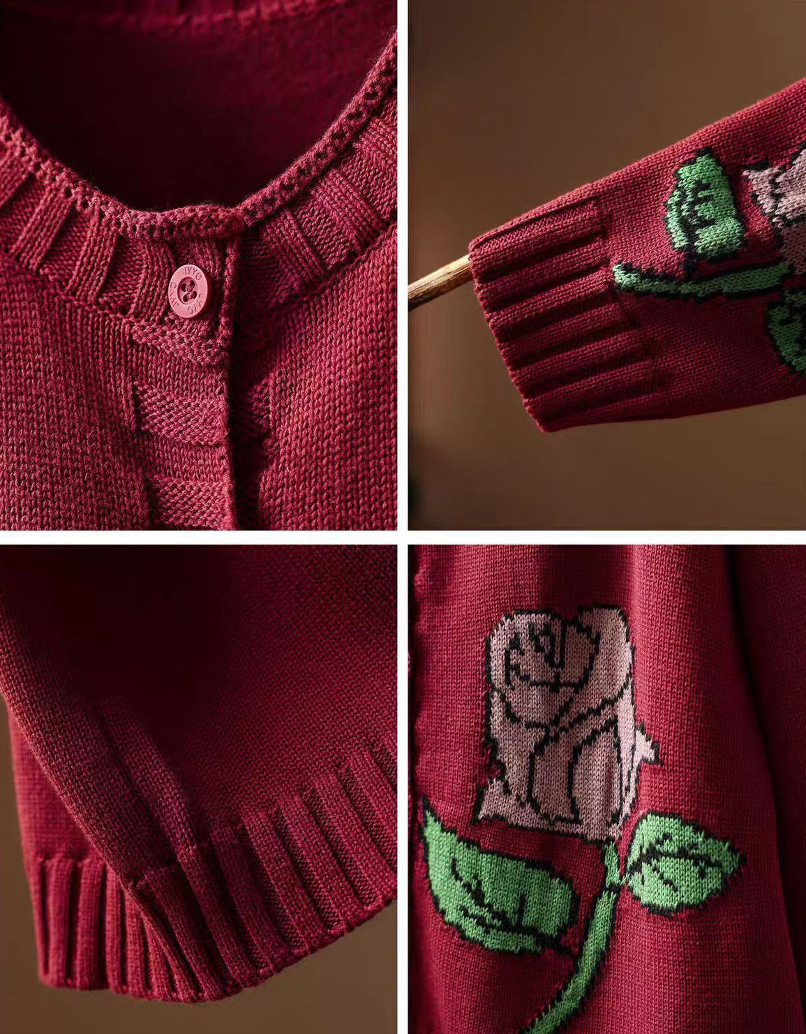 Women Oversized Rose Pattern Button Up Knit Cardigan