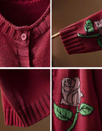 Women Oversized Rose Pattern Button Up Knit Cardigan