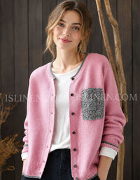 Women's Vintage Pink Cardigan Sweater with Embroidered Pocket
