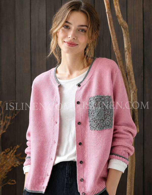 Women's Vintage Pink Cardigan Sweater with Embroidered Pocket