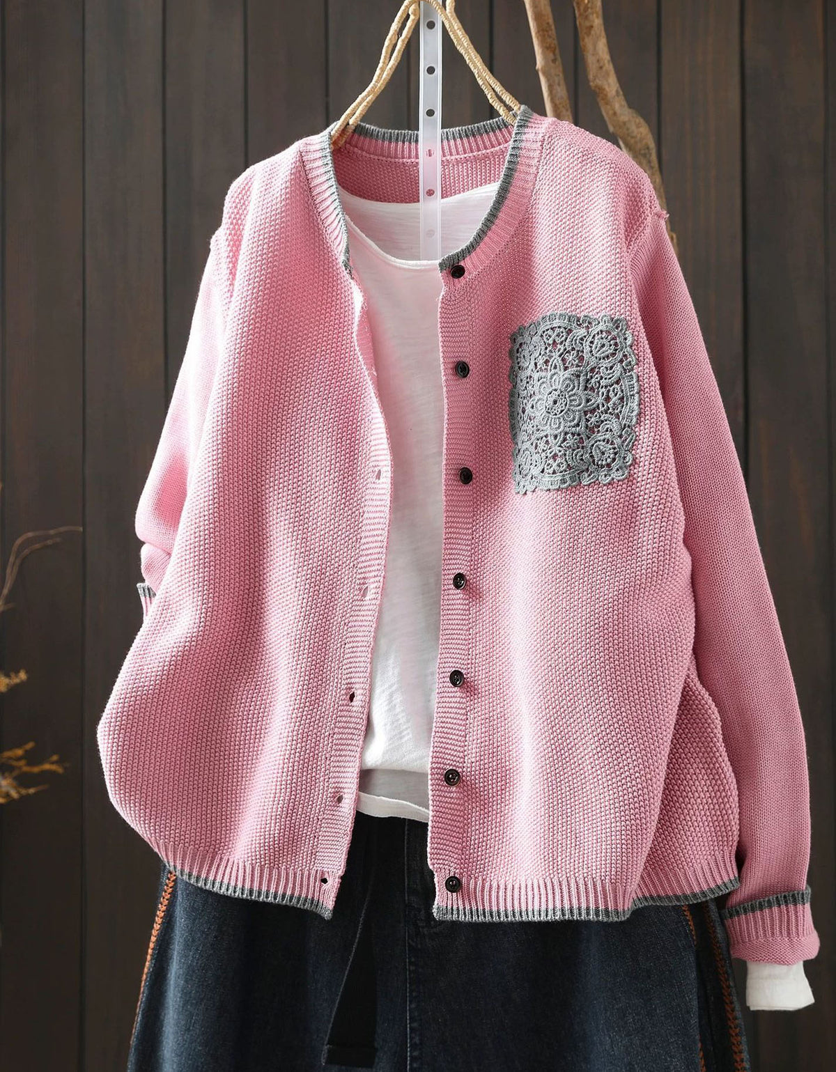 Women's Retro Pink Cotton Cardigan – Relaxed Fit Button Up Sweater
