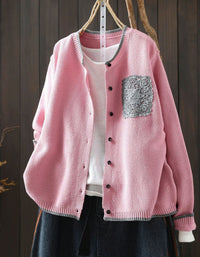 Women's Retro Pink Cotton Cardigan – Relaxed Fit Button Up Sweater