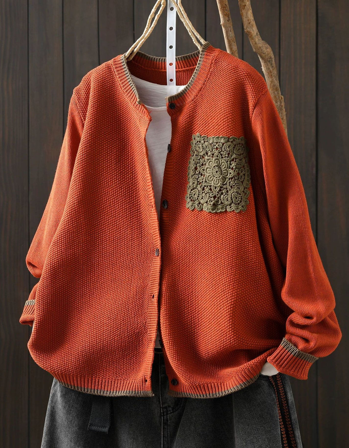 Women's Japanese Style Pink Knit Cardigan with Floral Crochet Pocket