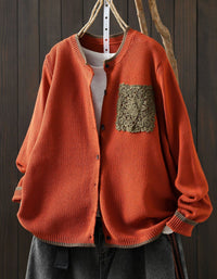Women's Japanese Style Pink Knit Cardigan with Floral Crochet Pocket
