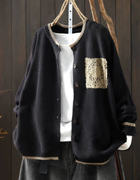 Women's Minimalist Knit Cardigan with Embroidered Patch Pocket