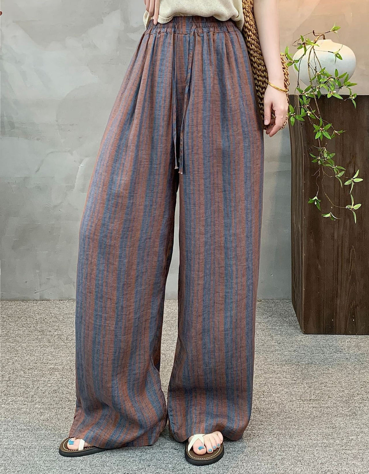 Casual Loose Fit Striped Linen Blend Pants