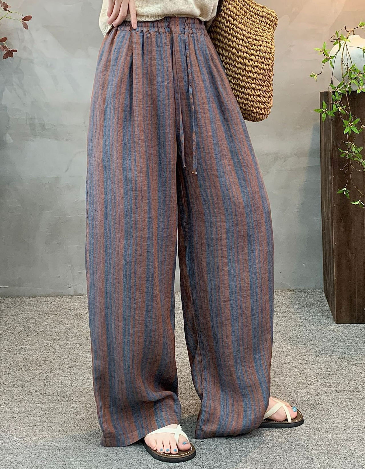 Women’s Striped Drawstring Wide Leg Linen Pants