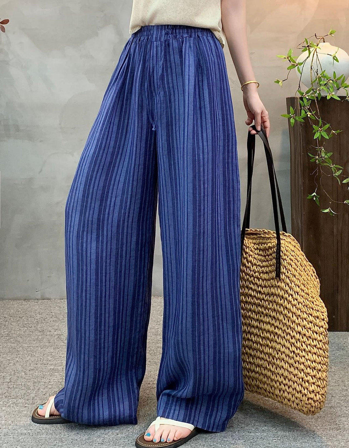 Loose Elastic Waist Striped Casual Pants Women