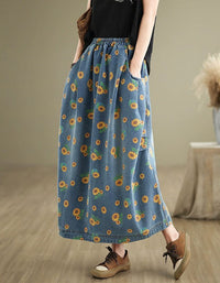 women floral sunflower print denim skirt with pockets