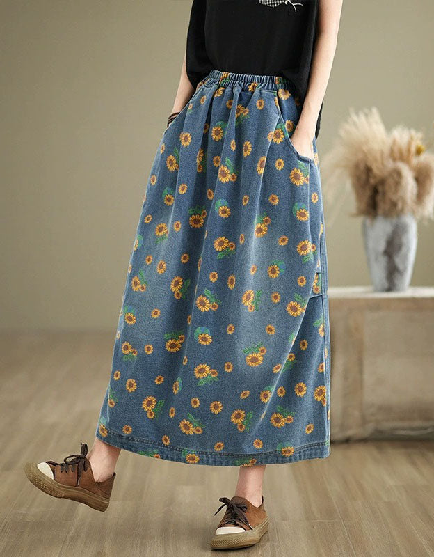 boho sunflower denim skirt loose A-line summer outfit
