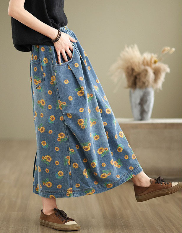 elastic waist floral denim skirt comfortable everyday wear