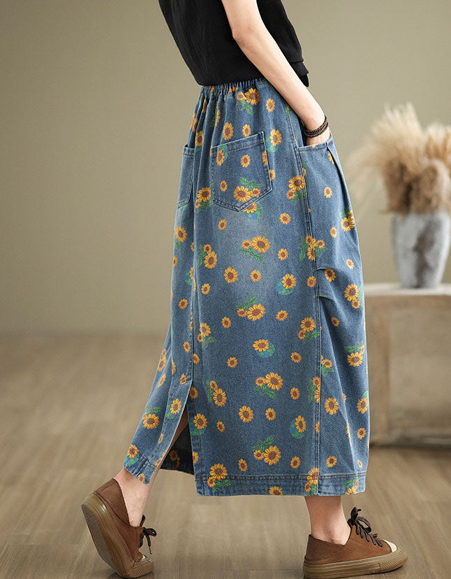 vintage style sunflower print skirt women casual fashion