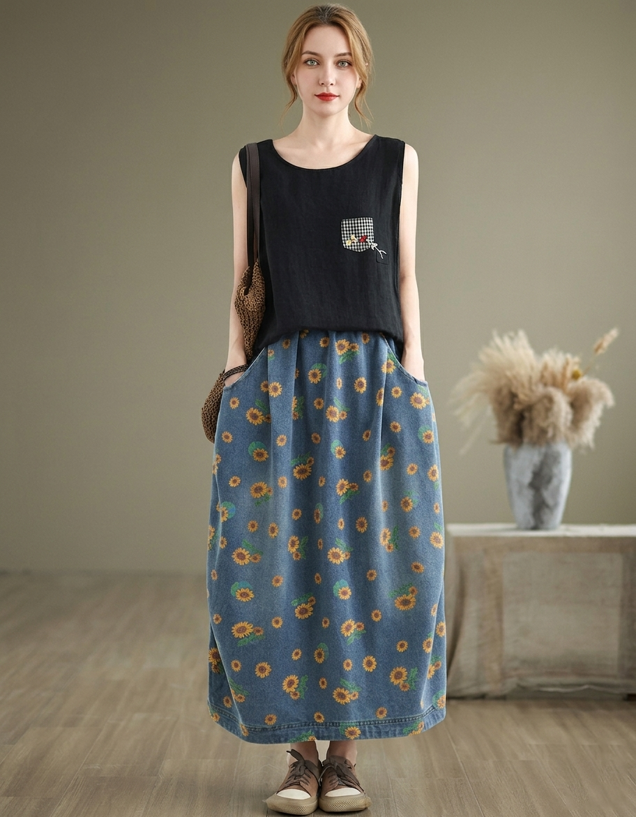 casual blue denim skirt sunflower pattern midi length