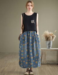 casual blue denim skirt sunflower pattern midi length