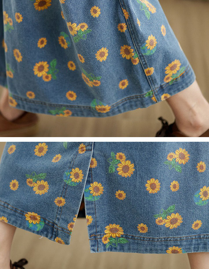Boho Sunflower Denim Skirt Loose A-Line Midi