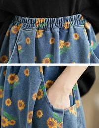 Vintage Floral Denim Skirt Sunflower Loose Fit