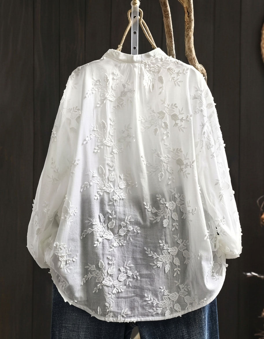 Lightweight summer blouse with sheer floral embroidery and long sleeves