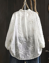 Lightweight summer blouse with sheer floral embroidery and long sleeves